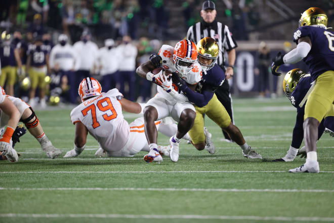 Notre Dame was able to limit All-American running back Travis Etienne to just 28 yards on 18 career in a 47-40 double-overtime win over Clemson.