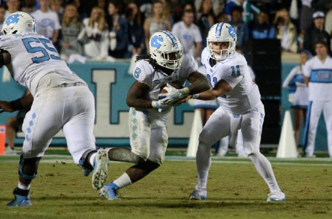 Michael Carter and the running backs are the strength of the Tar Heels, Mack Brown said in Charlotte.
