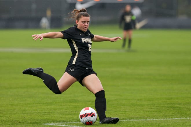 Purdue defender Gracie Dunaway (2) kicks the ball during the first half of an NCAA women's soccer match, Sunday, Oct. 24, 2021 at Folk Field in West Lafayette. Soc Purdue Vs Indiana