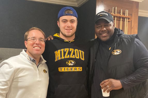 Ryan Jostes with Missouri head coach Eli Drinkwitz and offensive line coach Marcus Johnson