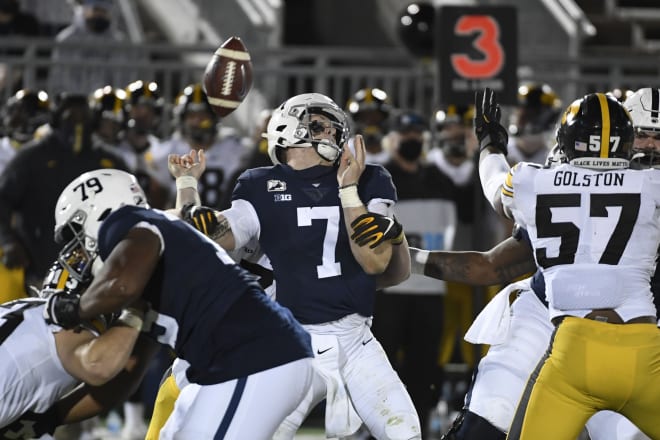 Taking a blindside hit in the third quarter, quarterback Will Levis coughs up the second of Penn State's four turnovers Saturday.