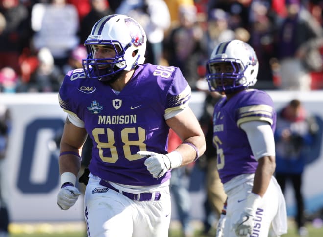 JMU tight end Jonathan Kloosterman (shown last week) had seven touchdown catches in 2016.