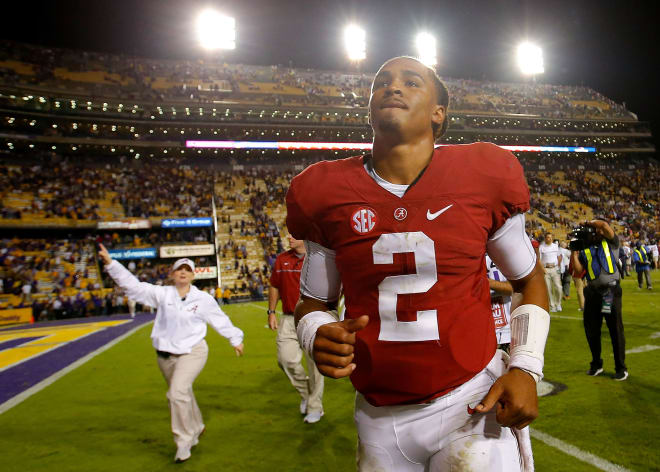 Alabama quarterback Jalen Hurts looks up to the stands following last years game against LSU. Photo | Getty Images