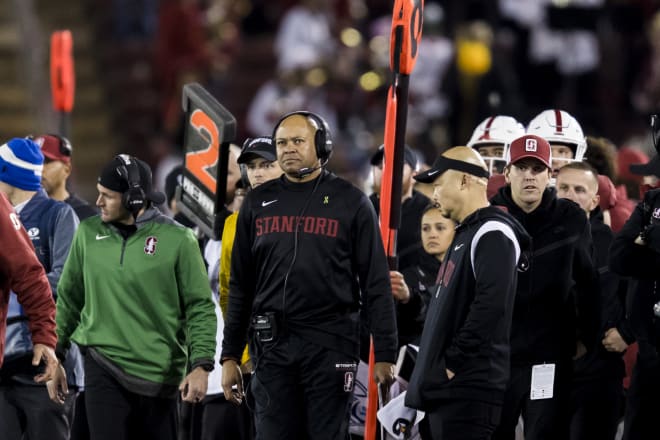 David Shaw looks at the scoreboard in his final game as head coach at Stanford. 