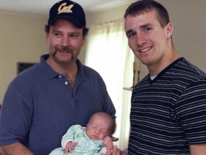 Tom Dienhart, son Cal, and Drew Brees in 2000. 