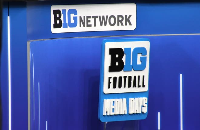 The Big Ten Network desk at Big Ten football media days in Indianapolis, Ind. BWI photo