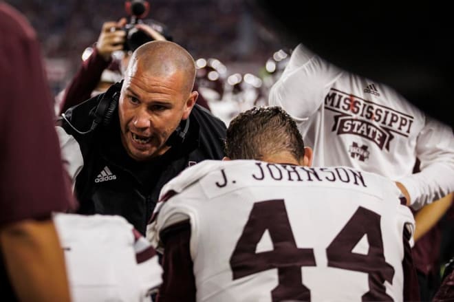 TUSCALOOSA, AL - October 22, 2022 - Mississippi State Defensive Coordinator & Safeties Coach Zach Arnett during the game between the Mississippi State Bulldogs and the Alabama Crimson Tide at Bryant-Denny Stadium.