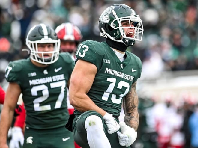 Michigan State's Ben VanSumeren celebrates after sacking Indiana's Dexter Williams II during the second quarter on Saturday, Nov. 19, 2022, at Spartan Stadium in East Lansing