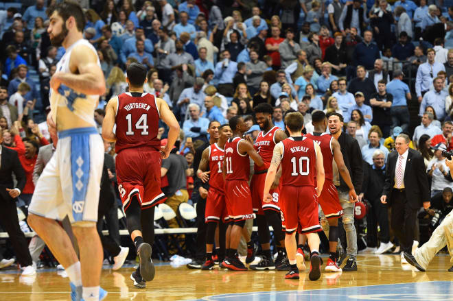NC State celebrates its overtime win at UNC.