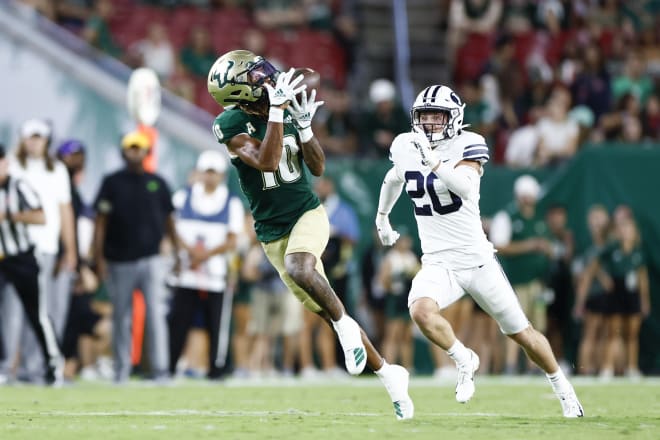 Sep 3, 2022; Tampa, Florida, USA; South Florida Bulls wide receiver Xavier Weaver (10) catches a pass during the first half against the Brigham Young Cougars at Raymond James Stadium.