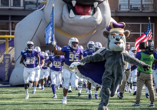 James Madison takes the field at Bridgeforth Stadium prior to its game with Morgan State this past September.