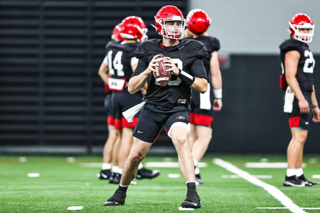 Georgia quarterback JT Daniels (18) during the Bulldogs’ practice session in Athens, Ga., on Tuesday, Aug. 24, 2021. (Photo by Tony Walsh/UGA Sports Communications)