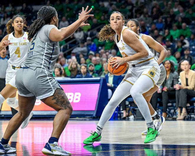 Junior Kylee Watson (right) posted the first double-doujble of her career Thursday night in helping to led Notre Dame to a 76-53 victory over Georgia Tech.