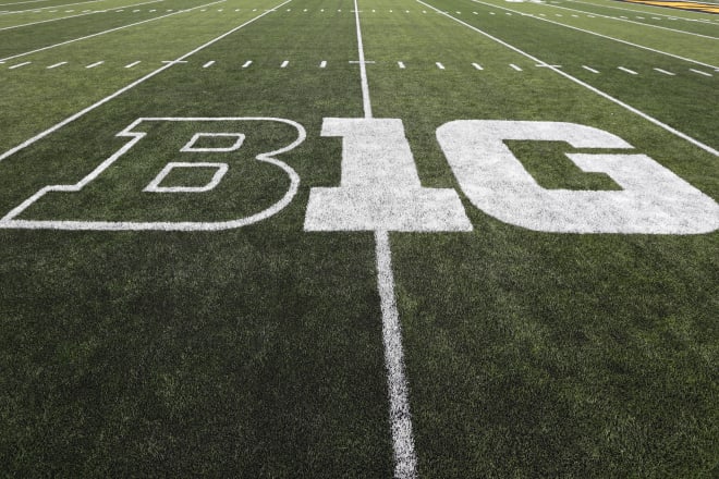 The Big Ten logo. A college football media day event including the Penn State Nittany Lions will be held at Lucas Oil Stadium in Indianapolis this Thursday and Friday. 