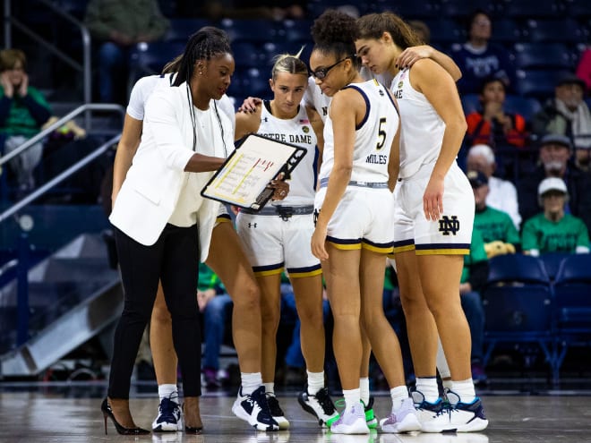 In this file photo, head coach Niele Ivey diagrams a play with her Notre Dame women's basketball team during the Merrimack game in December.