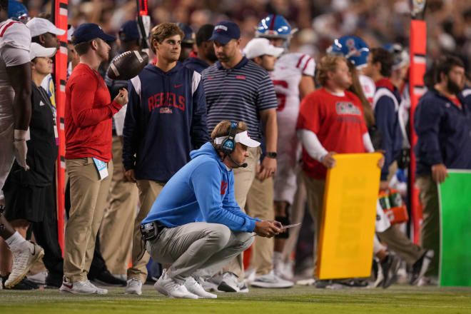 Rebels head coach Lane Kiffin looks on in the first half against the Texas A&M Aggies at Kyle Field. Mandatory Credit: Daniel Dunn-USA TODAY Sports