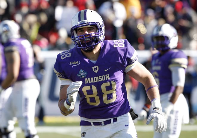 James Madison tight end Jonathan Kloosterman (shown in January) is suspended for the Dukes' first two games of the season.