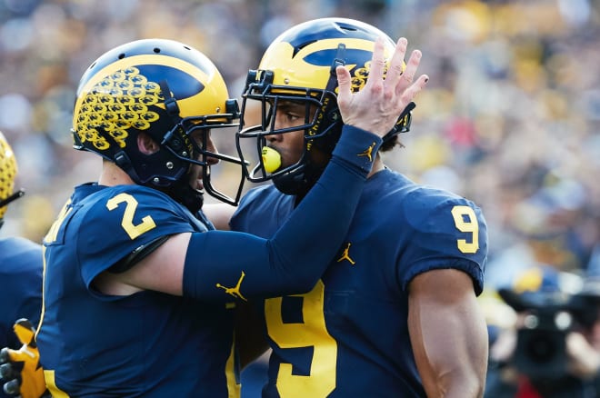 Former Michigan Wolverines football players Shea Patterson (left) and Donovan Peoples-Jones