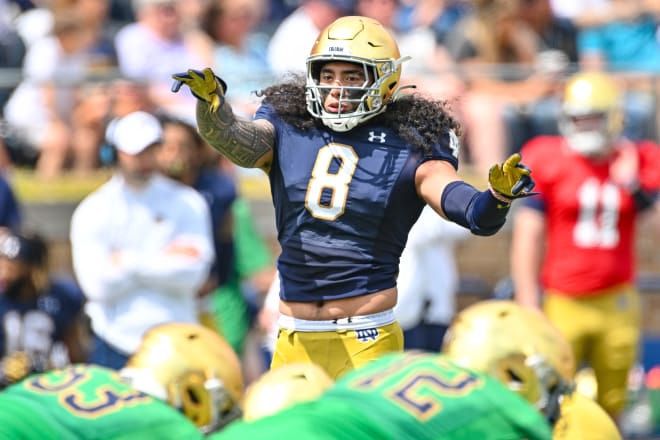 The return of linebacker Marist Liufau (8) from a serious leg injury has added a dynamic presence to the Notre Dame defense.