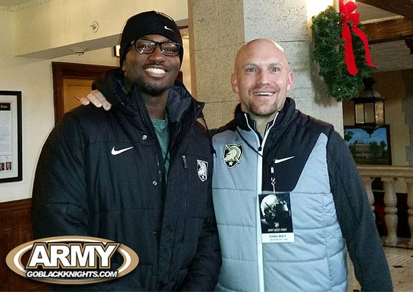 DE Stone Edwards with Army D-line coach Chad Wilt during his official visit
