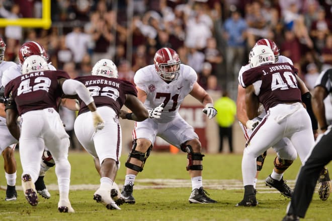 Alabama offensive lineman Ross Pierschbacher suffered a high-ankle sprain against Mississippi State last week. Photo | Getty Images 