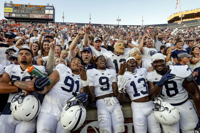Penn State players and fans celebrate on Saturday in Auburn, Ala. 