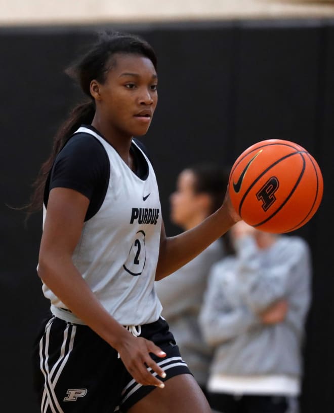 Purdue Boilermakers guard Rashunda Jones (2) drives to the basket during a basketball practice, Thursday, Oct. 5, 2023, at Cardinal Court in West Lafayette, Ind.