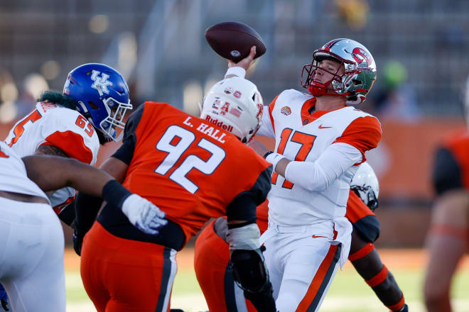 Bailey Zappe steps into a pass during Saturday's Reese's Senior Bowl (Photo: Nathan Ray Seebeck-USA TODAY Sports)