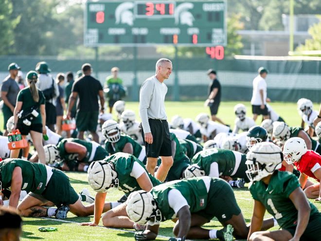Michigan State offensive coordinator Jay Johnson prepares for Michigan State's first 2023 fall camp practice on Aug. 3, 2023 