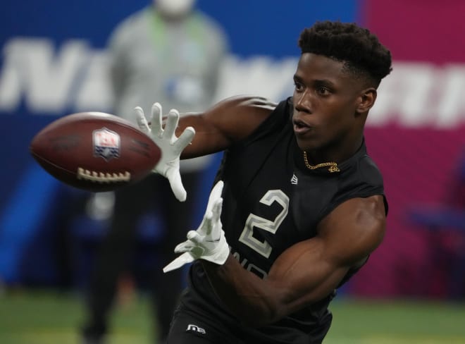 Former Notre Dame wide receiver Kevin Austin Jr. catches a pass during position drills Thursday at the NFL Combine in Indianapolis.