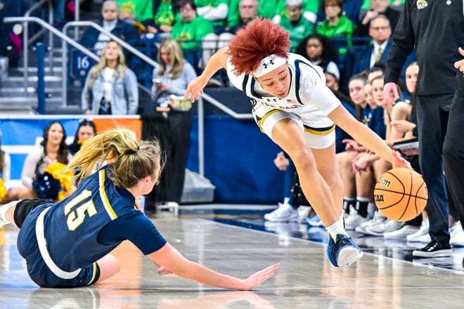 Notre Dame freshman Hannah Hidalgo records one of her six steals Saturday against Kent State.