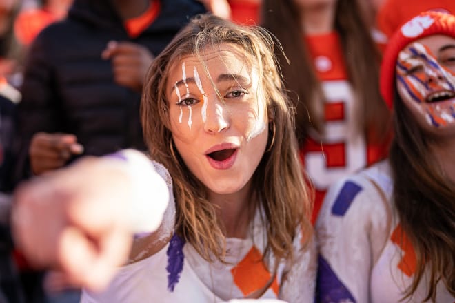 A Clemson fan stares into the camera eye Saturday in Death Valley during the Tigers' home finale.