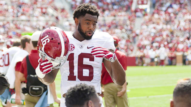 Alabama receiver T.J. Simmons had a game-high six receptions for 82 yards and a touchdown during A-Day. Photo | Laura Chramer 
