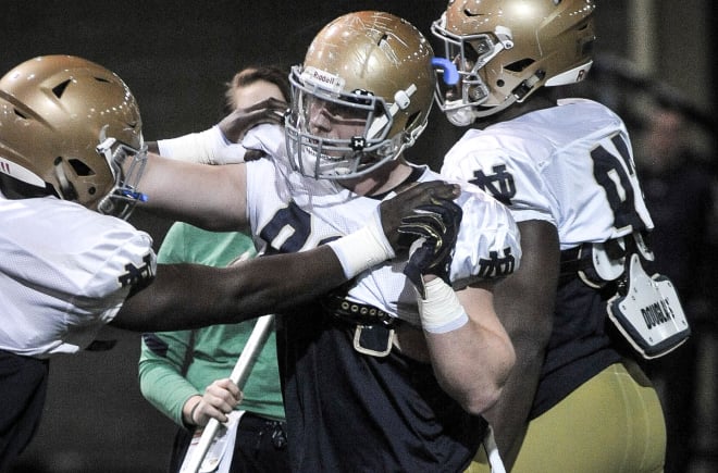 Senior defensive end Andrew Trumbetti and the Irish practiced in pads for the first time this spring.