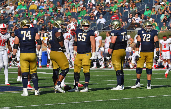 Notre Dame's offensive line prepares to line up for a play in the Irish's 66-14 win over New Mexico on Sept. 14, 2019.