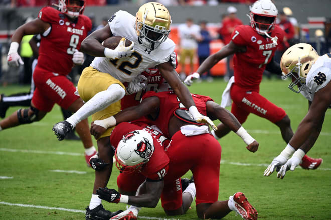 Notre Dame freshman Jeremiyah Love (12) has contributed to an Irish rushing attack averaging 5.71 yards per carry.