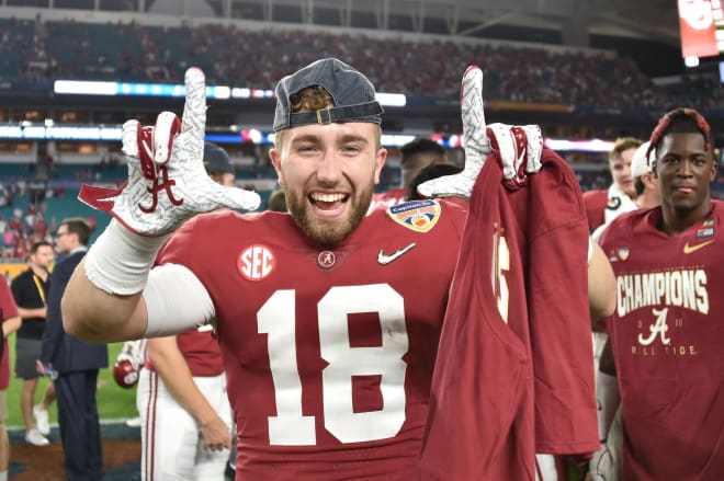 Alabama Crimson Tide wide receiver Slade Bolden (18) celebrates after defeating the Oklahoma Sooners during the 2018 Orange Bowl college football playoff semifinal game at Hard Rock Stadium. Photo | Imagn