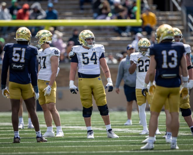 Notre Dame freshman Anthonie Knapp (54) continues to push for a starting berth on the Irish opening-night offensive line.