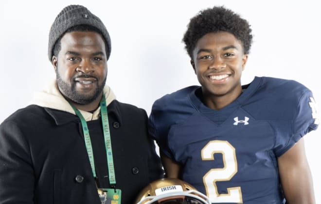 Ceyair Wright with his father, Claudius, during their Notre Dame visit last December.