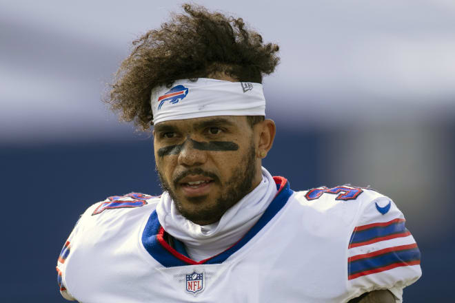 Former Buffalo Bills safety Dean Marlowe, a James Madison alum now with the Detroit Lions, walks off the field after a game this past season in Orchard Park, N.Y.