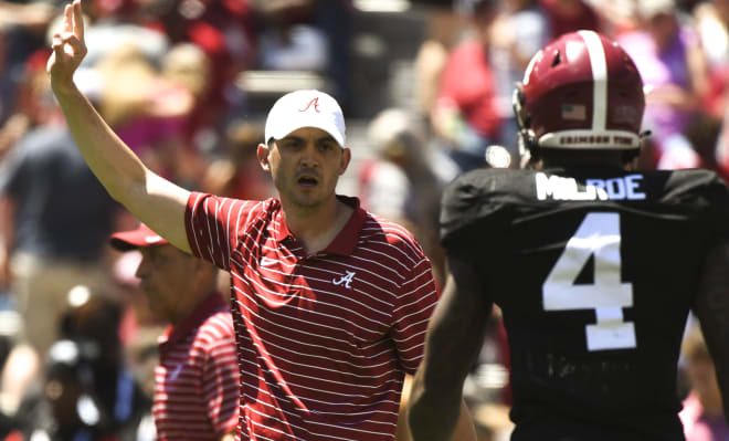 Alabama offensive coordinator Tommy Rees yells instructions during the A-Day game at Bryant-Denny Stadium. Photo | Gary Cosby-USA TODAY Sports