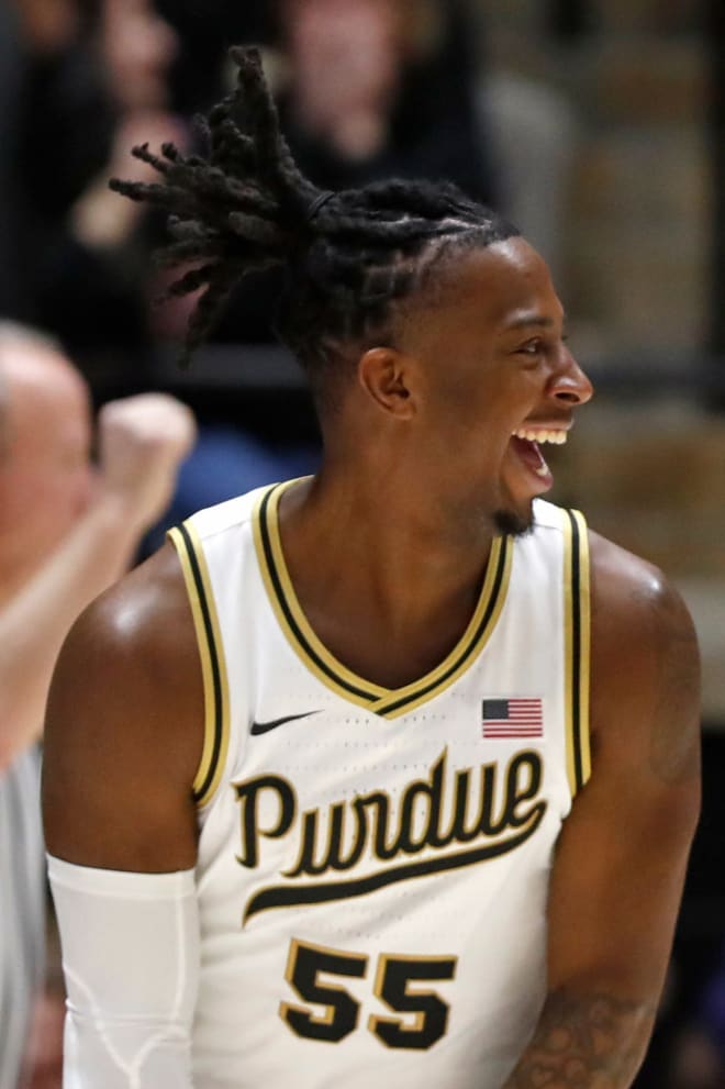 Purdue Boilermakers guard Lance Jones (55) reacts after scoring during the NCAA men s basketball game against the Wisconsin Badgers, Sunday, March 10, 2024, at Mackey Arena in West Lafayette, Ind.