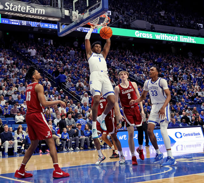 Kentucky's Justin Edwards slammed in two of his career-high 28 points during the Wildcats' 117-95 romp over Alabama on Saturday afternoon at Rupp Arena.