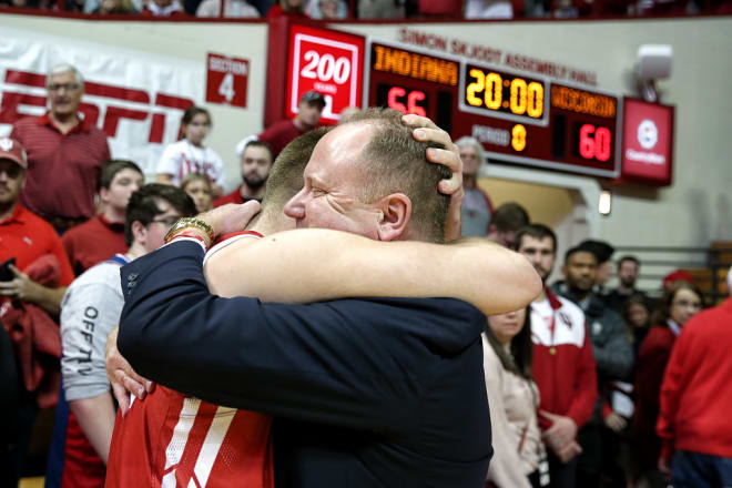 Head coach Greg Gard celebrates after Wisconsin's win over Indiana. 