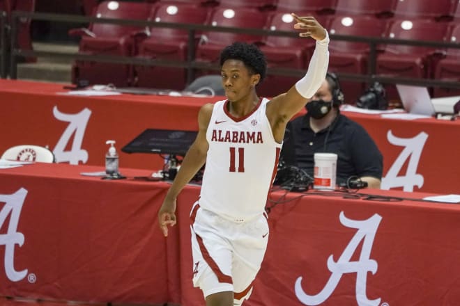 Alabama Crimson Tide guard Joshua Primo (11) reacts after making a three point basket against the Mississippi State Bulldogs during the first half at Coleman Coliseum. Photo | Imagn