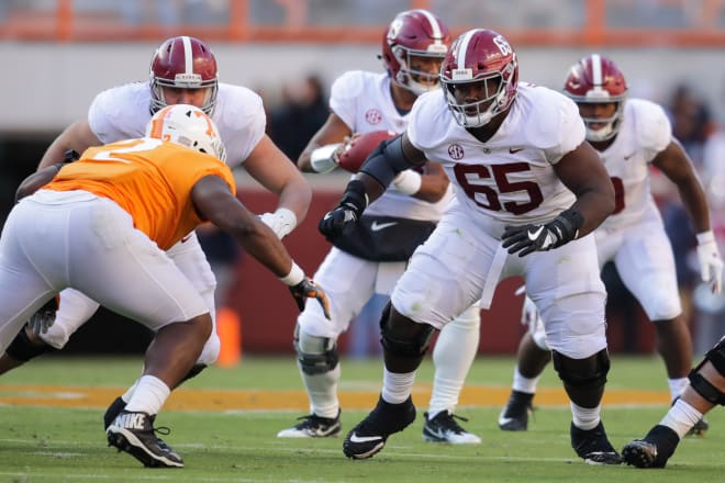 Alabama offensive lineman Deonte Brown (65) is eligible to play this week against Ole Miss. Photo | Getty Images 