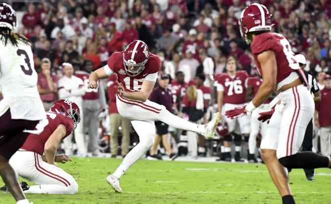 Alabama Crimson Tide place kicker Will Reichard (16) kicks a 50 yard field goal against the Mississippi State Bulldogs during the first half at Bryant-Denny Stadium. Photo | Gary Cosby Jr.-USA TODAY Sports