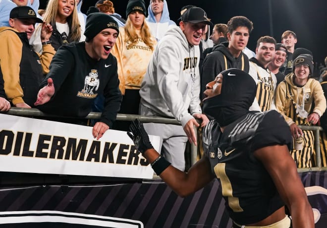 Nov 11, 2023; West Lafayette, Indiana, USA; Purdue Boilermakers defensive back Markevious Brown (1) celebrates with fans after defeating the Minnesota Golden Gophers at Ross-Ade Stadium. Mandatory Credit: Robert Goddin-USA TODAY Sports