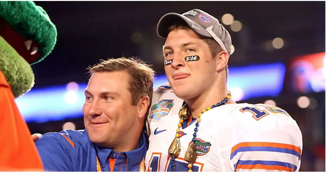 Tim Tebow (right) is one of 12 first-round picks coached by Dan Mullen (left). 