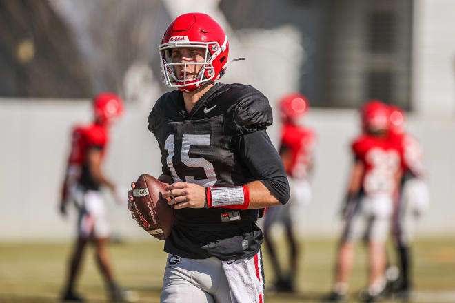 Georgia quarterback Carson Beck (15) during the Bulldogs’ practice session in Athens, Ga., on Tuesday, March 29, 2022. (Photo by Mackenzie Miles/UGA Sports Communications)